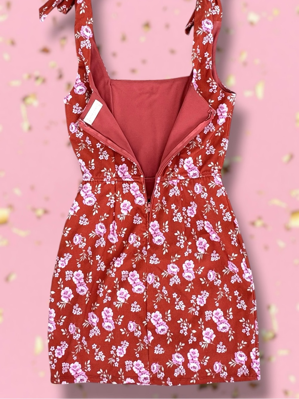 ✨Altar’d State✨Burnt Orange Mini sun dress with pink rose print. - Picture 3 of 8